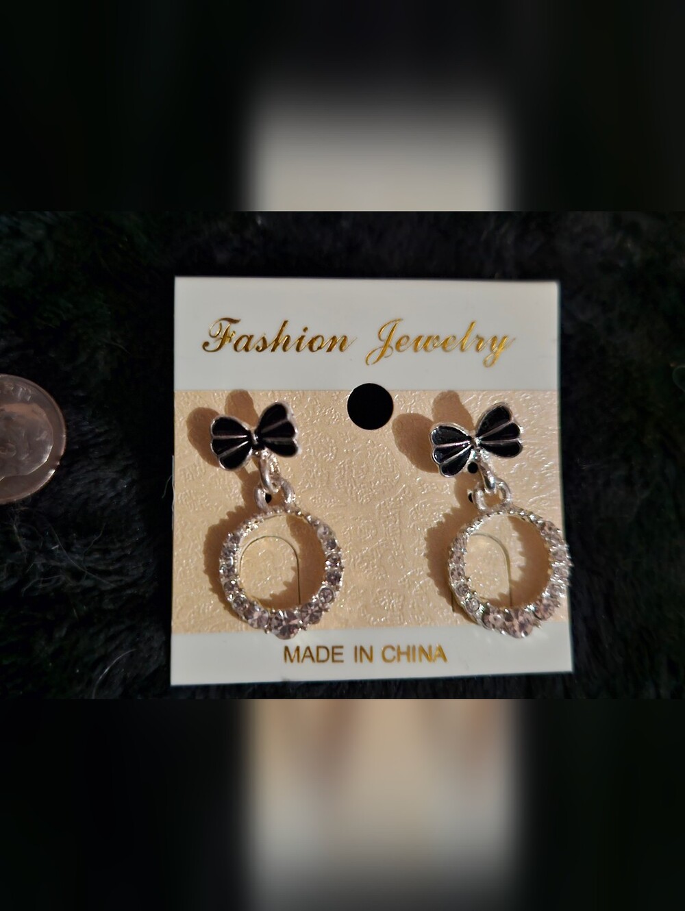 Fashion Jewelry Black Bow with Silver Crystal Circle Drop Earrings
